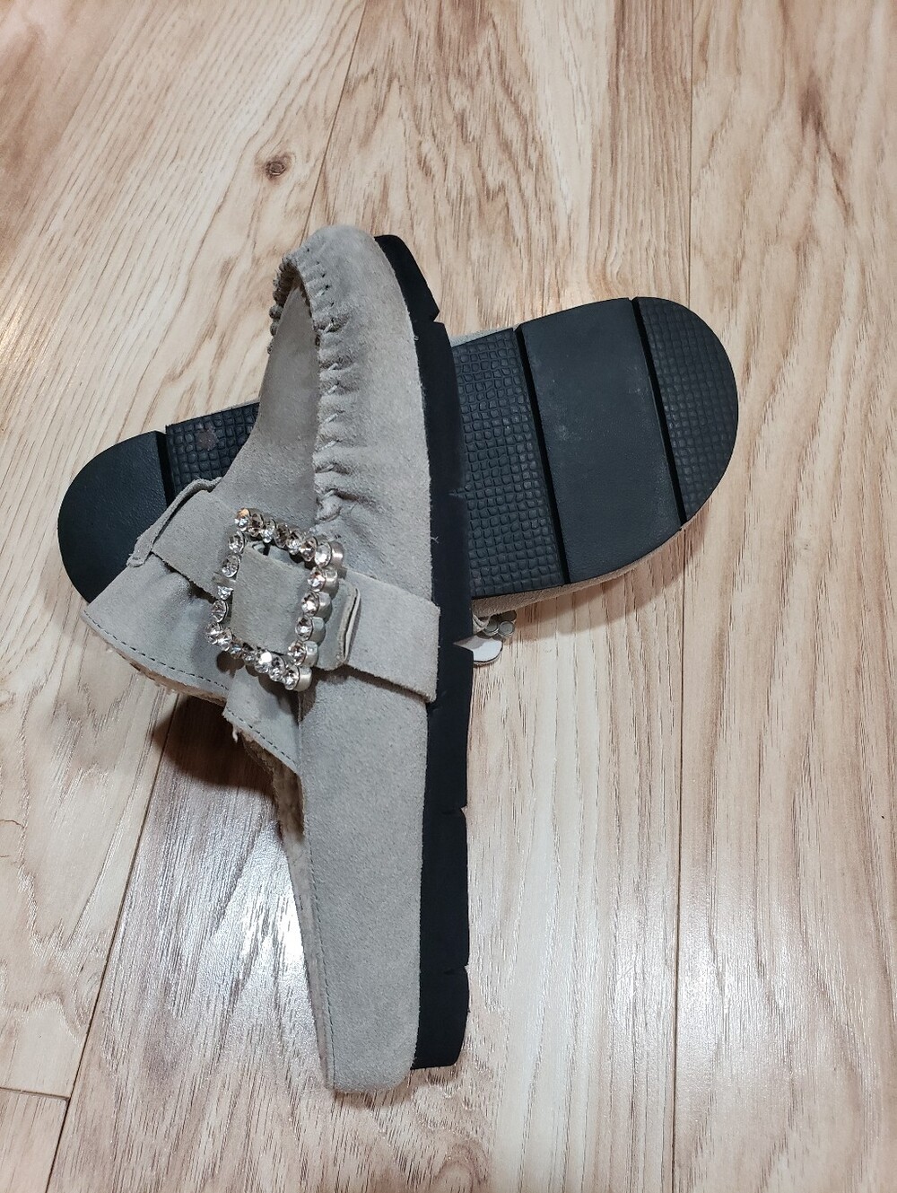 Free People After Riding Mules In Gray Suede Shearling Lining Crystal Buckle 7 - Picture 2 of 6